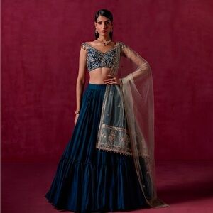 Teal Blue Embroidered Crepe Silk Lehenga